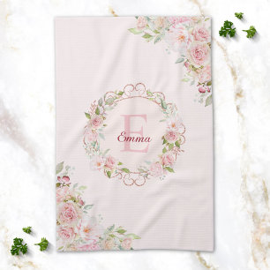Monogram Watercolor Blush Pink Rose Flowers Floral Kitchen Towel