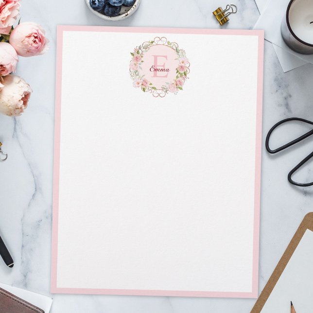 Monogram Watercolor Blush Pink Rose Flowers Floral Letterhead (In situ)