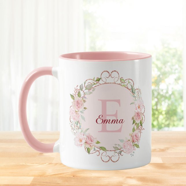 Monogram Watercolor Blush Pink Rose Flowers Floral Mug (In situ)