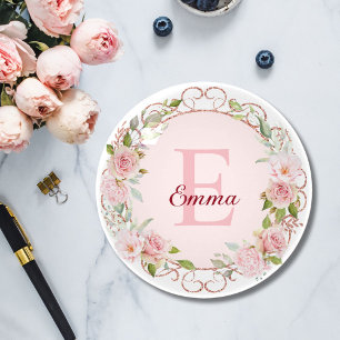 Monogram Watercolor Blush Pink Rose Flowers Floral Paperweight