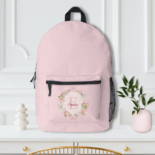 Monogram Watercolor Blush Pink Rose Flowers Floral Printed Backpack