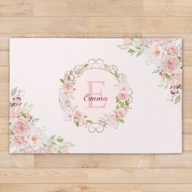 Monogram Watercolor Blush Pink Rose Flowers Floral Rug (In situ)
