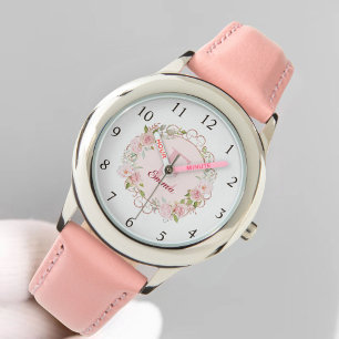 Monogram Watercolor Blush Pink Rose Flowers Floral Watch
