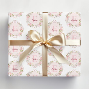 Monogram Watercolor Blush Pink Rose Flowers Floral Wrapping Paper Sheets