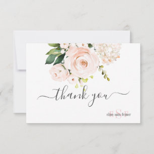 Monogram Watercolor Blush Pink Roses Hydrangea Thank You Card