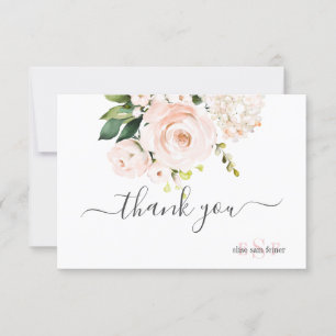 Monogram Watercolor Blush Pink Roses Hydrangea Thank You Card