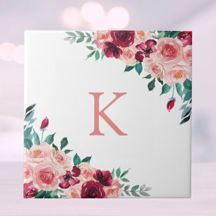 Monogram Watercolor Boho Pink Burgundy Rose Floral Ceramic Tile