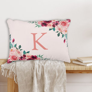 Monogram Watercolor Boho Pink Burgundy Rose Flower Accent Pillow