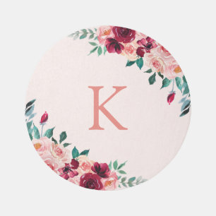 Monogram Watercolor Boho Pink Burgundy Rose Flower Rug