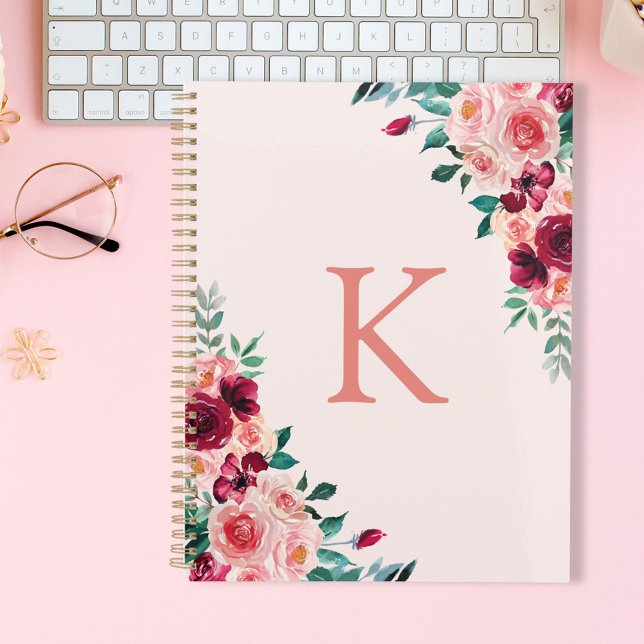 Monogram Watercolor Boho Pink Burgundy Rose Planner (In situ)