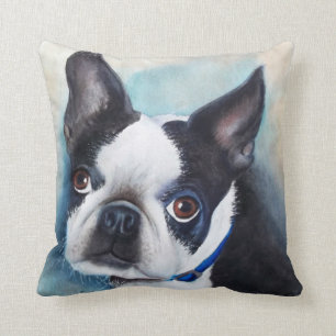 MONOGRAM WATERCOLOR BOSTON TERRIER PORTRAIT THROW PILLOW