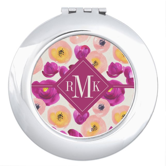 Monogram | Watercolor Botanical Pattern Compact Mirror (Front)