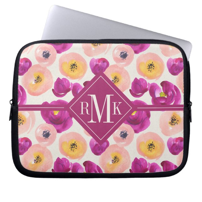 Monogram | Watercolor Botanical Pattern Laptop Sleeve (Front)