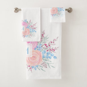 Monogram Watercolor Bouquet Pink Roses Blue Leaves Bath Towel Set