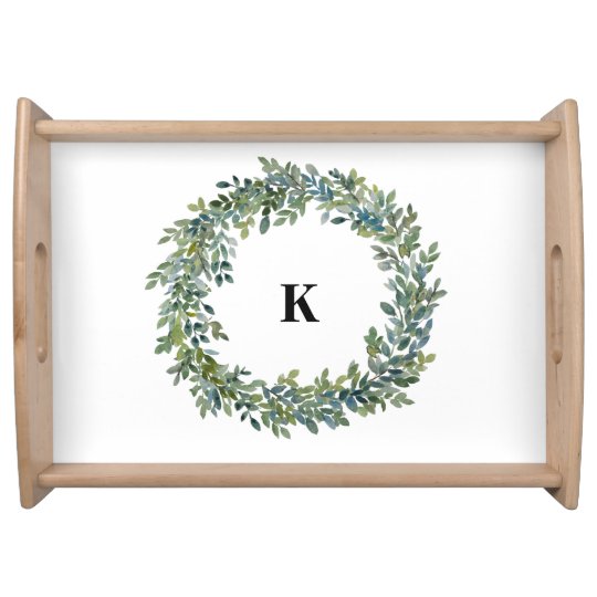 Monogram Watercolor Boxwood Wreath Serving Tray Zazzle Com
