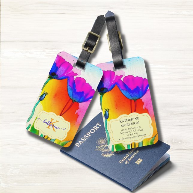 Monogram Watercolor Bright Poppy Flowers Floral Luggage Tag (Custom Monogram Luggage Tag, Contact Info on back, bright California poppies make it easy to find!)