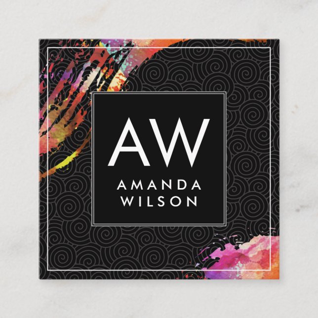 Monogram Watercolor Brushed Swirl Pattern Square Business Card (Front)