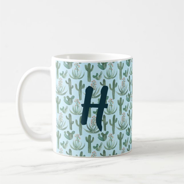 MONOGRAM Watercolor Cactus & Succulent Desert Coffee Mug (Left)