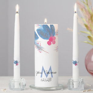 Monogram Watercolor Christmas Berry Blue Unity Candle Set
