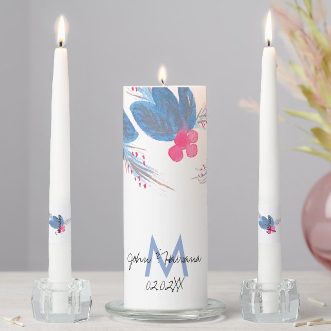 Monogram Watercolor Christmas Berry Blue Unity Candle Set (In Situ)
