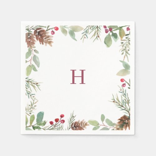 Monogram Watercolor Christmas Greenery Berry Napkins