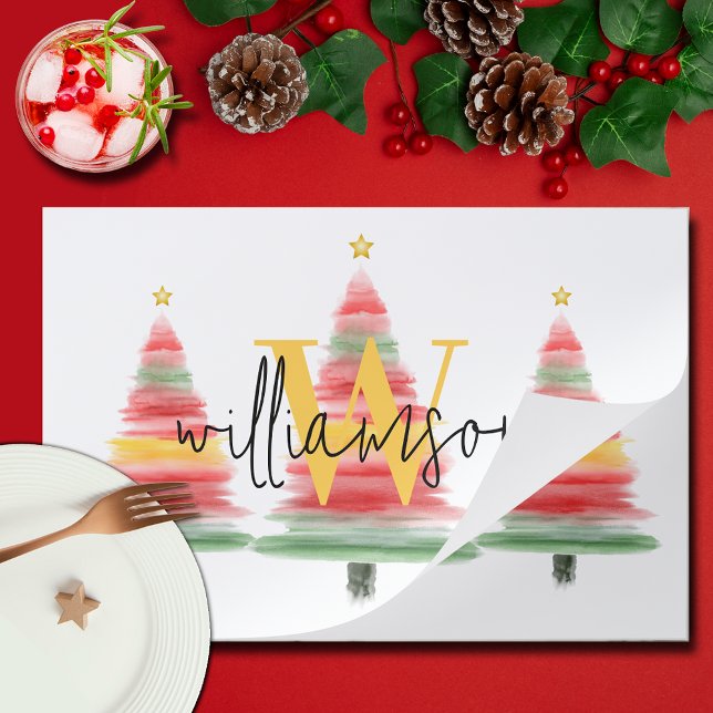 Monogram Watercolor Christmas Tree Paper Placemat (Creator Uploaded)
