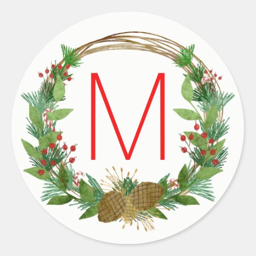 Monogram Watercolor Christmas Wreath Seal