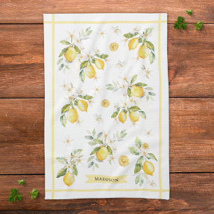 Monogram Watercolor Citrus Lemon Floral Botanical Kitchen Towel