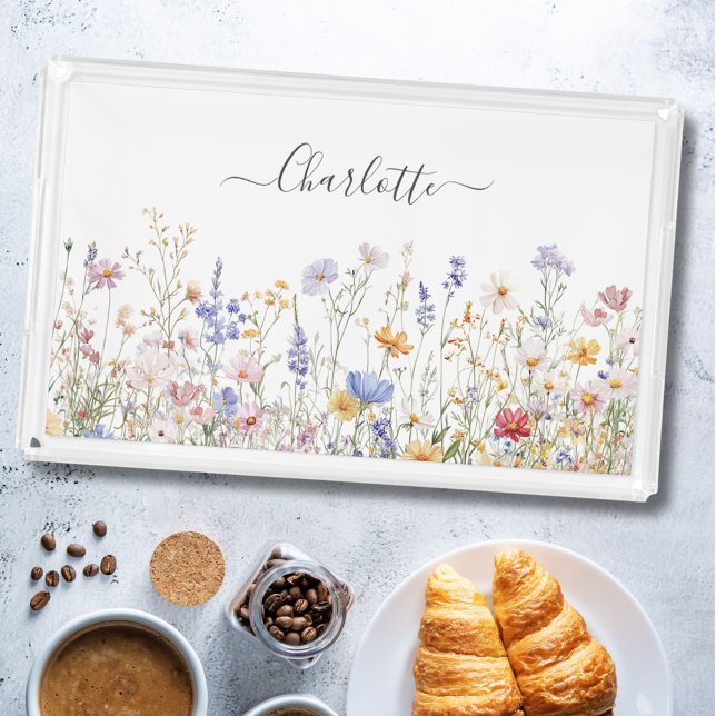 Monogram Watercolor Colorful Pretty Wildflower Acrylic Tray (In situ)