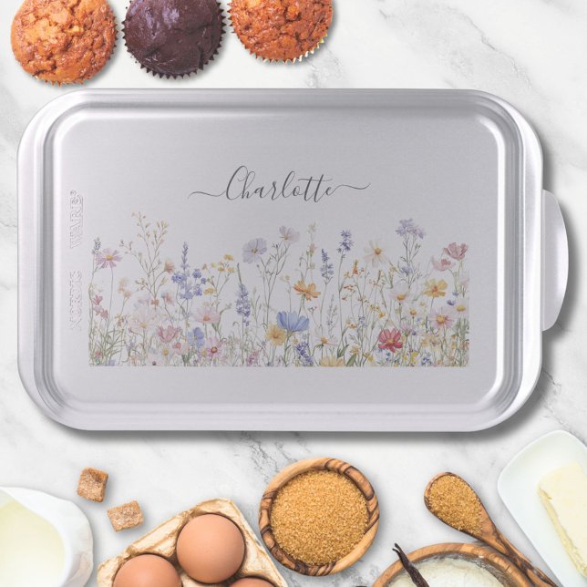 Monogram Watercolor Colorful Pretty Wildflower Cake Pan (In situ)