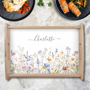 Monogram Watercolor Colorful Pretty Wildflower Serving Tray