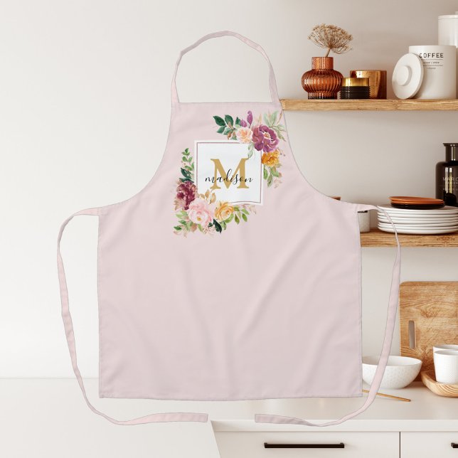 Monogram Watercolor Colorful Roses Flower Floral Apron (In situ)