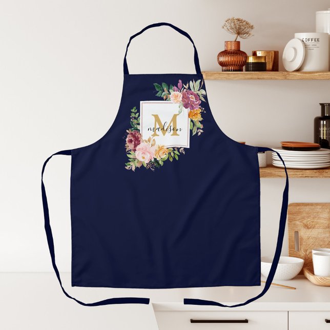 Monogram Watercolor Colorful Roses Flower Floral Apron (In situ)