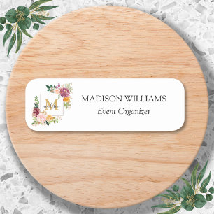 Monogram Watercolor Colorful Roses Flower Floral Name Tag