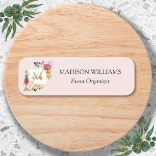 Monogram Watercolor Colorful Roses Flower Floral Name Tag