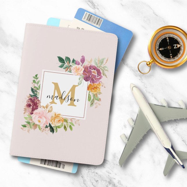 Monogram Watercolor Colorful Roses Flower Floral Passport Holder (In situ)