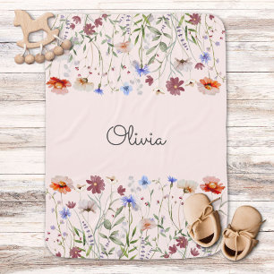 Monogram Watercolor Colorful Wildflower Meadow Baby Blanket