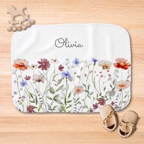 Monogram Watercolor Colorful Wildflower Meadow Baby Burp Cloth