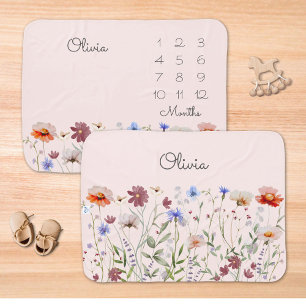 Monogram Watercolor Colorful Wildflower Milestone Baby Blanket