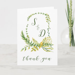 Monogram Watercolor Crest with Greenery Thank You Card