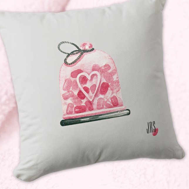 Monogram Watercolor Cute Candy Cloche Valentines Throw Pillow (Creator Uploaded)