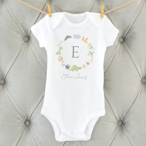 Monogram Watercolor Dinosaurs Gender Neutral Boy  Baby Bodysuit