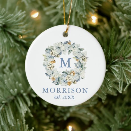 Monogram Watercolor Dusty Blue Floral Wreath Ceramic Ornament