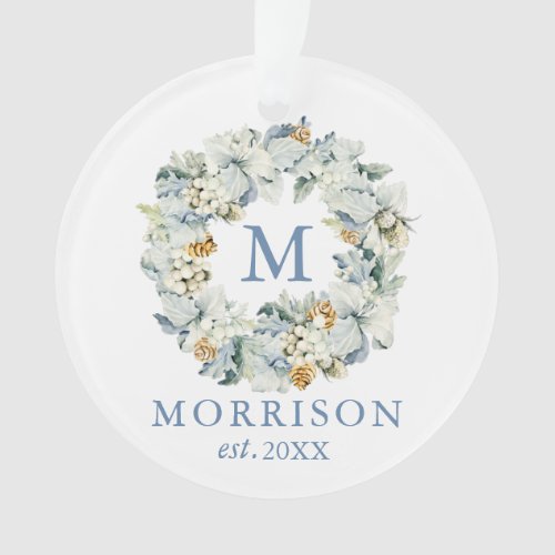 Monogram Watercolor Dusty Blue Floral Wreath Ornament