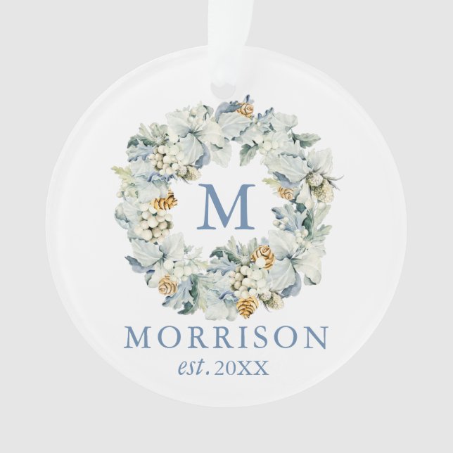 Monogram Watercolor Dusty Blue Floral Wreath Ornament (Front)