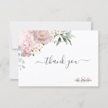 Monogram Watercolor Dusty Roses Hydrangea Thank You Card by custom_mitzvah at Zazzle