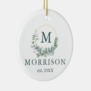 Monogram Watercolor Eucalyptus PHOTO BACK Ceramic Ornament