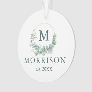 Monogram Watercolor Eucalyptus PHOTO BACK Ornament