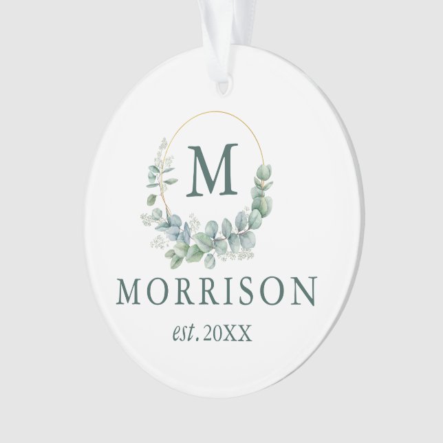Monogram Watercolor Eucalyptus PHOTO BACK Ornament (Front)