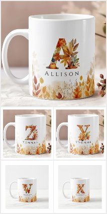 Monogram Watercolor Fall Leaves Mugs